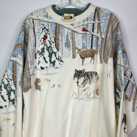 Vintage Artisans AOP Snow Winter Forest Wolf Crew Sweatshirt XL NWT - Picture 2 of 11